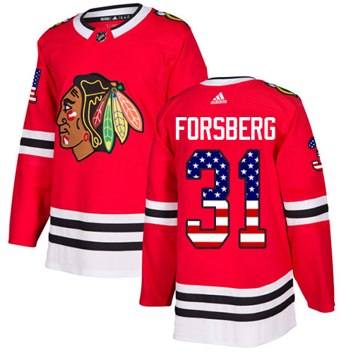 Adidas Blackhawks #31 Anton Forsberg Red Home Authentic USA Flag Stitched NHL Jersey - Click Image to Close